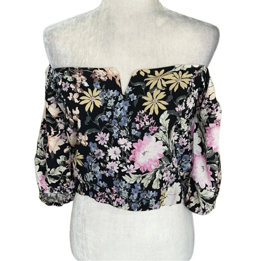 Saltwater Luxe Lenny Multi Floral Oasis Puff Sleeve Off Shoulder Crop Top - M - Picture 4 of 16